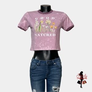 Mighty Fine Good Natured Tee SMALL Purple Floral Crop T-Shirt Bleach Distressed